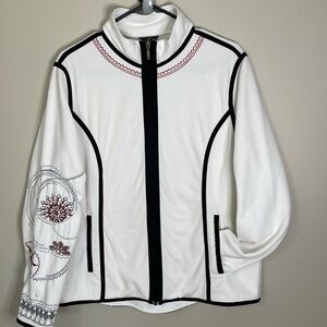 EDDIE BAUER Women XL White Embroidered  Snow Geometric Zip Fleece Outdoor Active